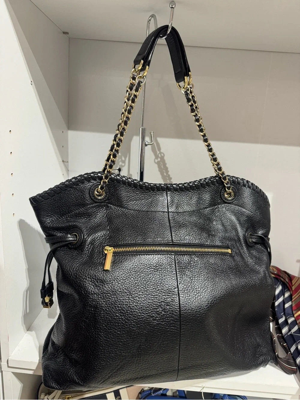 Tory Burch Black Pebbled Leather Tote with Gold Chain-Strap